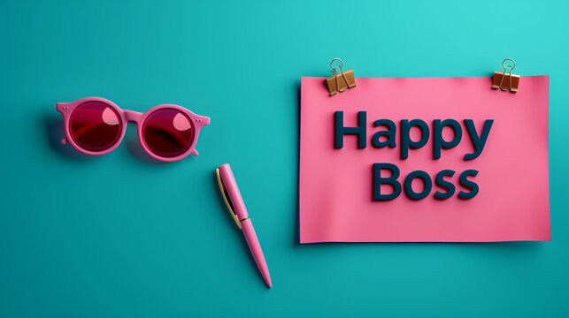 Pink sunglasses, pen, pink Happy Boss banner on teal bg