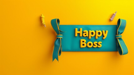 A blue banner with a yellow Happy Boss message sits on a yellow background, surrounded by ribbons