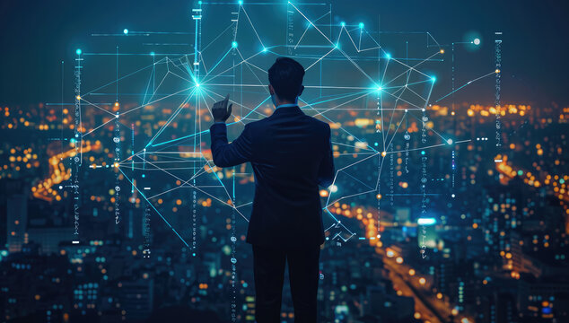 A businessman in a blue suit checks his work overlooking a cityscape at night, with glowing network connections and cryptocurrency symbols overlaid. Generative AI.