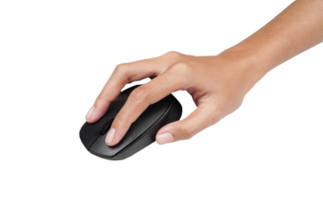 Female hand holding mouse isolated transparent