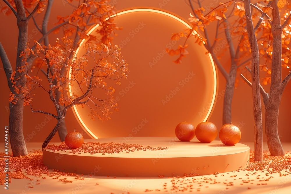 Poster 3d rendering geometric shape on orange podium for halloween. generative ai.