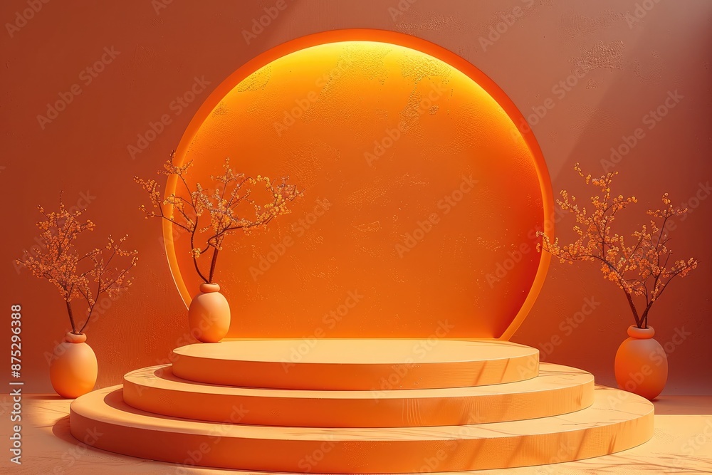 Poster 3d rendering geometric shape on orange podium for halloween. generative ai.
