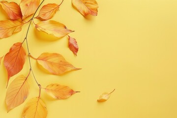 Fototapeta premium Autumn background. Yellow leaves on yellow background, top view flat lay. Creative autumn, fall concept, minimalist style. Place for text