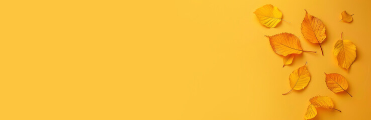 Autumn background. Yellow leaves on yellow background, top view flat lay. Creative autumn, fall concept, minimalist style. Place for text