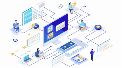 Obraz premium Isometric Business Illustration: Team Collaboration on Digital Platform, Data Analytics and Project Management Concept