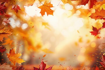 Autumn natural background. Frame of yellow orange red leaves with beautiful bokeh. Maple leaves in the park, sunset lighting, space for text
