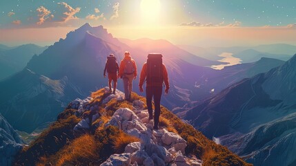 Sports team climb a mountain. Cooperation. Travel concept of discovering, exploring, observing nature. Hiking tourism. Adventure. Generative AI.