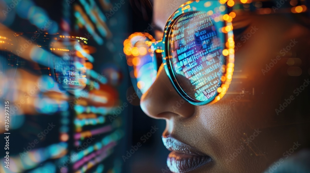 Poster Close-up Portrait of female Software Engineer Working on Computer, Line of Code Reflecting in Glasses. Developer Working on Innovative e-Commerce Application. Generative AI.