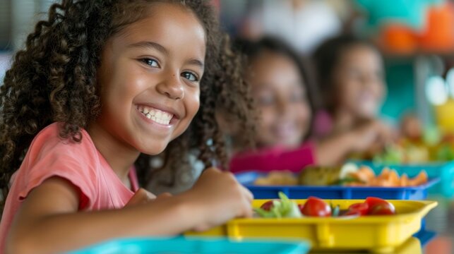 A joyful black girl eating her lunch at a school cafeteria, enjoying healthy food with friends, with colorful lunch trays around.