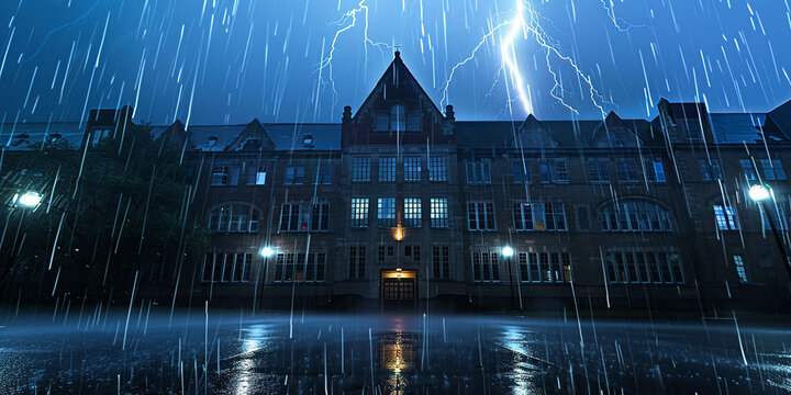 Lightning falling from the sky on a rainy night hits the lightning rod of a large building
