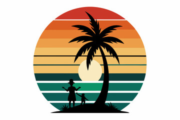 Mom and son in the beach silhouette Vector art Retro vintage style sunset, palm tree, vector illustration