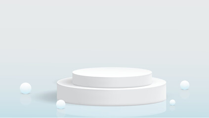 3D Realistic product podium design with a light blue background. Colorful. White color. Natural cosmetics. Abstract podium design. Pearl Vector Art. Product showcase background art.