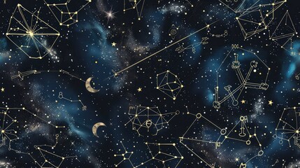 Detailed seamless pattern with antique style zodiac signs and constellations