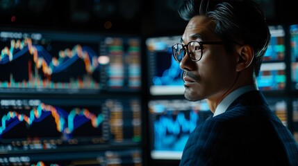Fototapeta premium a businessman in glasses follows the state of the market, looking at the chart of price increases and decreases of cryptocurrencies and common currencies on a large screen that hangs on the wall 