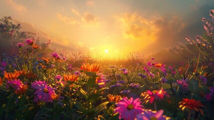 Obraz premium Golden Sunset Over a Field of Flowers