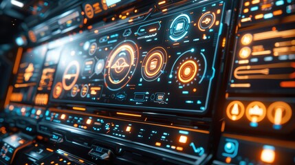 A futuristic smart home control panel with various options and a sleek design. Generative AI.