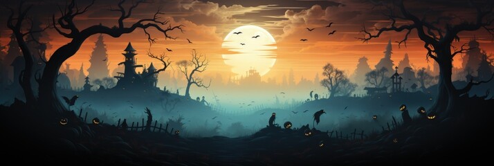 Spooky Halloween Night with Full Moon and Haunted Village