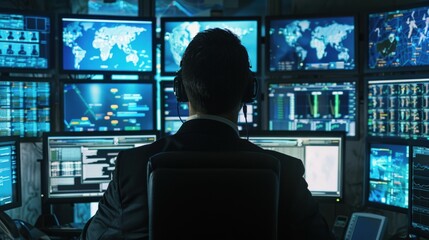 Fototapeta premium Cybersecurity expert monitoring threats on multiple screens