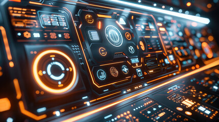 A futuristic smart home control panel with various options and a sleek design. Generative AI.