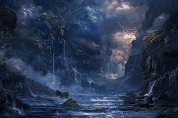 Mystical cliffs and raging sea during a stormy night