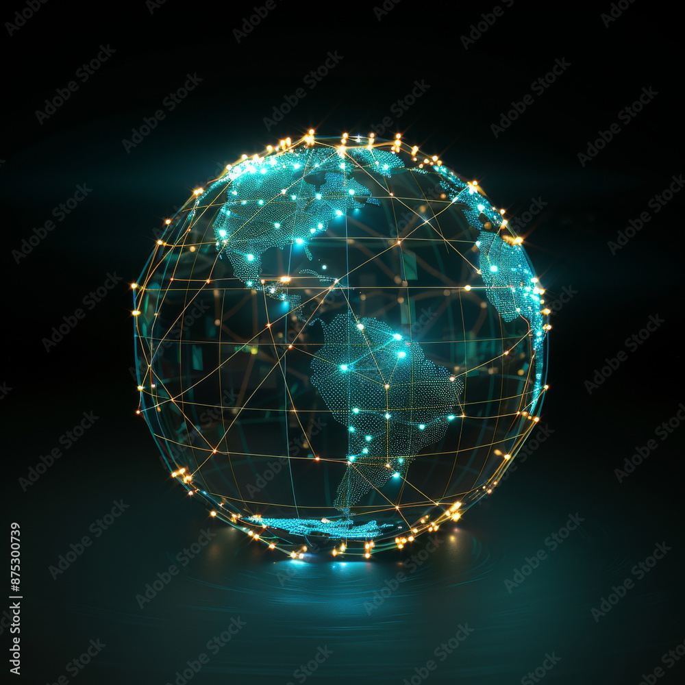 Poster abstract glowing globe with connection lines on a dark backdrop. concept of the digital world and te