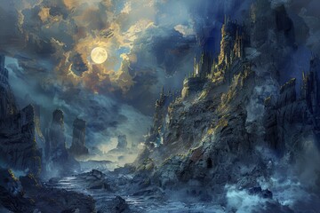Mystical castle ruins on a stormy cliff overlooking a frozen river