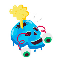 A flat style sticker of dead skull with popping eyes 

