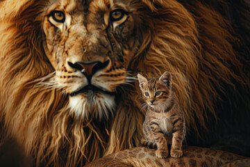Naklejka premium A small kitten sits beside a majestic lion against a rich, textured background, symbolizing contrasts between innocence and power, new beginnings, and legacy.