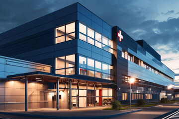 A sleek, modern hospital building stands illuminated under a dramatic twilight sky, symbolizing hope and advanced healthcare.