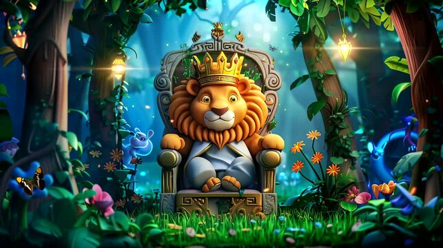Cute lion wearing crown sitting on throne in the forest. Seamless looping time-lapse 4k video animation background