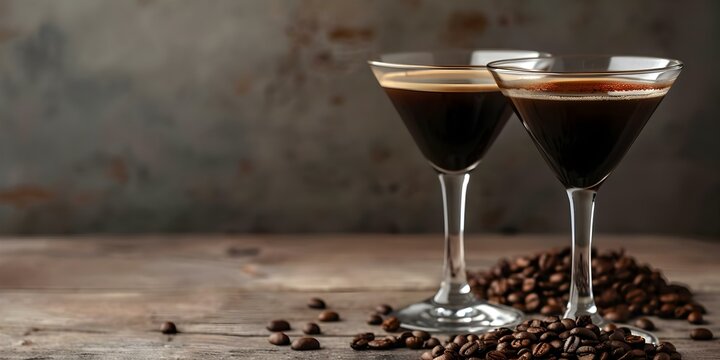 Two espresso martinis in elegant glasses displayed on a rustic table with coffee beans. Concept Food photography, Cocktail styling, Beverage display, Table setting, Rustic theme