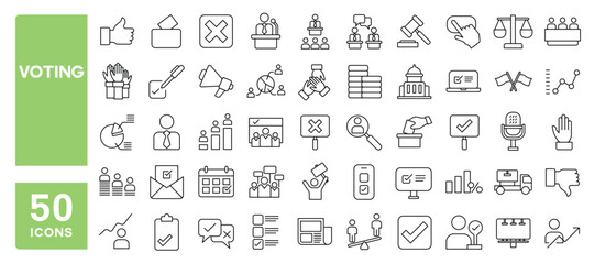 Obraz premium Set of 50 line icons related to voting, election, democracy, voter, political, Editable stroke. Vector illustration