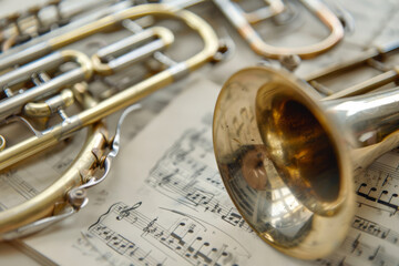 Obraz premium Brass instruments elegantly spread across sheet music, evoking the timeless beauty and intricate craftsmanship of classical music.