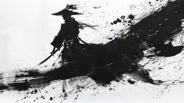 Abstract black ink samurai brush painting on white background, capturing the essence of dynamic movement in traditional Japanese art.