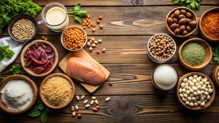 various ingredients and meats proteins lay flat wooden table mock up blank space text