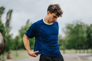 A young man in a blue athletic shirt getting ready for a workout session in an outdoor park setting.