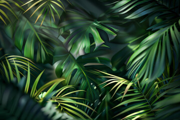 Fototapeta premium A lush collection of vividly detailed tropical leaves, showcasing a variety of shapes and shades of green, creating a vibrant and rejuvenating atmosphere.
