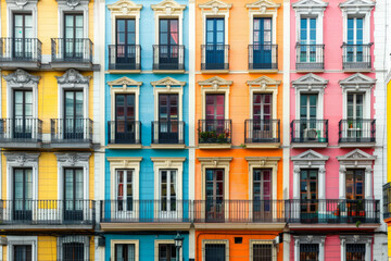 A captivating image of tall, colorful apartment buildings in a sunny urban setting, showcasing a palette of pastel hues and intricate architectural details.