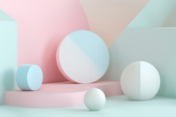 Minimalist pastel spheres and surfaces create a serene, modern composition with soft hues and smooth transitions between shapes.