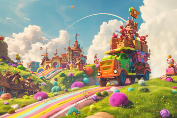 In a whimsical cartoon world, a magically animated cart races down a rainbow-colored highway, brimming with oversized parcels and boxes. The surroundings are filled with quirky characters and fantasti