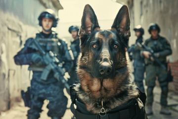 A German Shepherd police dog stands alert in the foreground, with a team of armed officers in tactical gear focused in the background, ready for action.