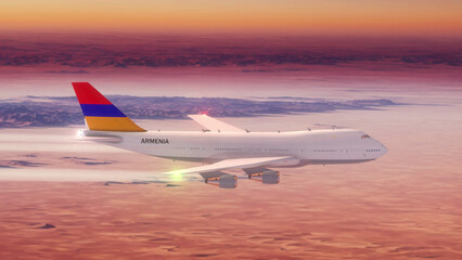 Commercial Airliner Passanger Plane Jumbo Jet Flying over Desert at Sunset with Country Flag Armenia