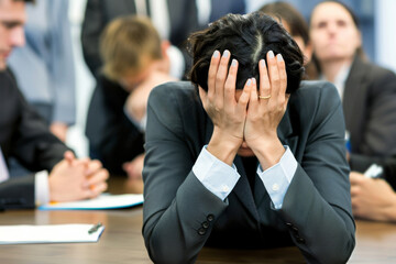 A woman in a suit hides her face in her hands during a tense business meeting, capturing a moment of frustration and stress against a backdrop of blurred colleagues.
