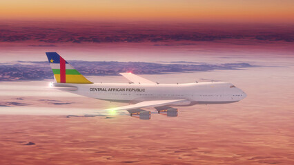 Commercial Airliner Passanger Plane Jumbo Jet Flying over Desert at Sunset with Country Flag Central African Republic