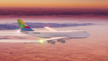 Commercial Airliner Passanger Plane Jumbo Jet Flying over Desert at Sunset with Country Flag Comoros