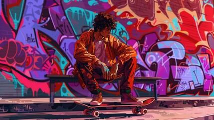 A teenager with a skateboard, sitting on a bench at a skate park, looking pensively into the distance.