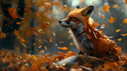 Surreal Fox Blended into Vibrant Autumn Leaves in Abstract Forest Scene