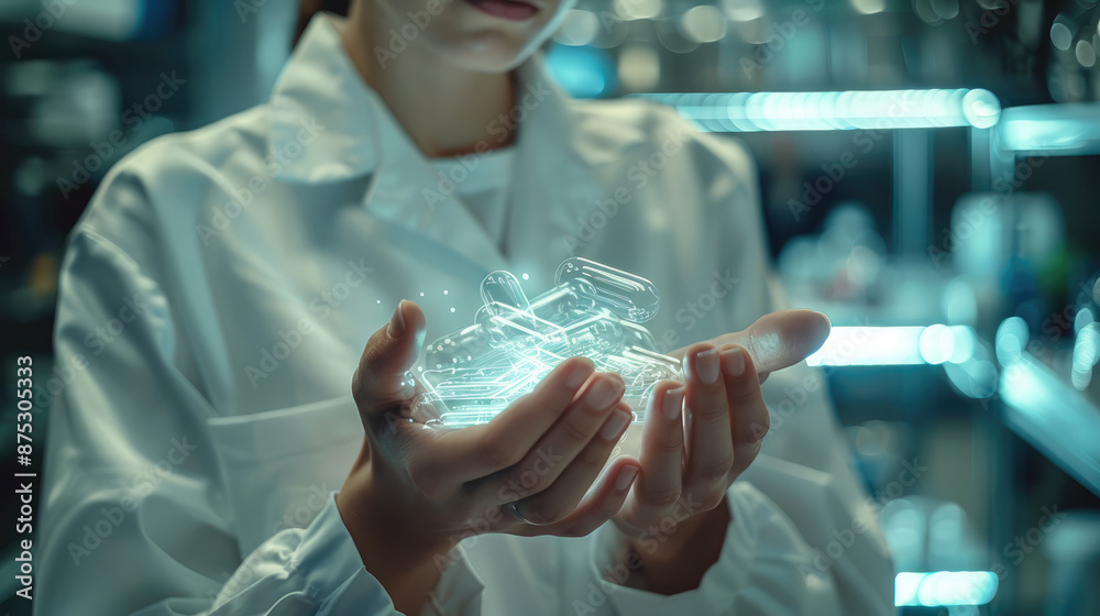 Poster closeup of man's hand doing innovation in a lab with an aluminium tin in his hand. generative ai.