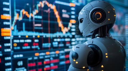 A futuristic robot with artificial intelligence analyzes the cryptocurrency market, which is represented by charts of falling and rising prices on a large screen