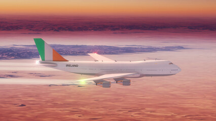 Commercial Airliner Passanger Plane Jumbo Jet Flying over Desert at Sunset with Country Flag Ireland